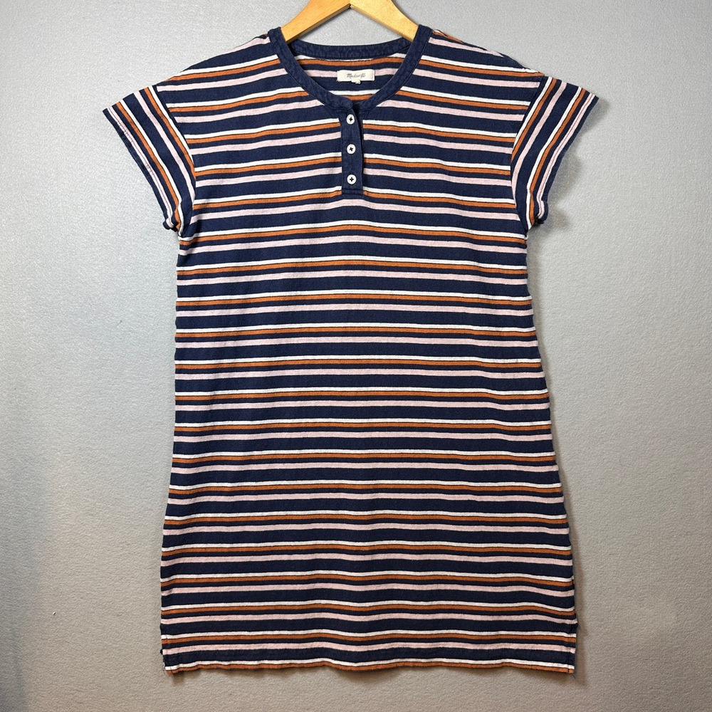 Madewell Hemp Cotton Striped Henley Dress Navy Orange Pink Women Medium M
